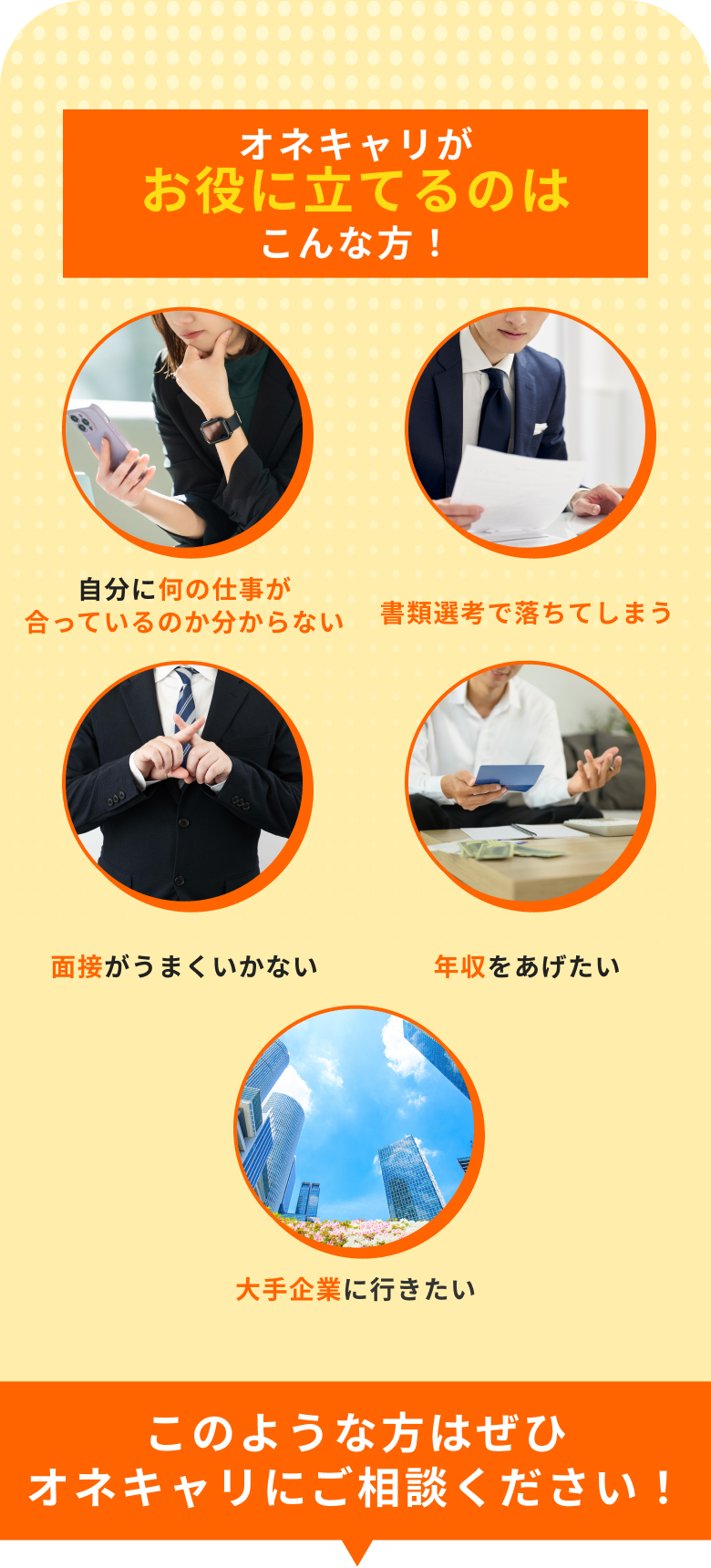 オネキャリがお役に立てるのはこんな方!自分に何の仕事が合っているのか分からない・書類選考で落ちてしまう・面接がうまくいかない・年収をあげたい・大手企業に行きたい